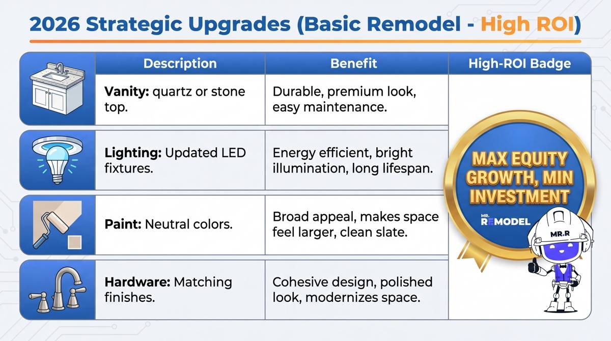 An infographic table detailing four high-impact strategic upgrades (vanity, lighting, paint, hardware) to maximize equity during a 2026 basic bathroom remodel.